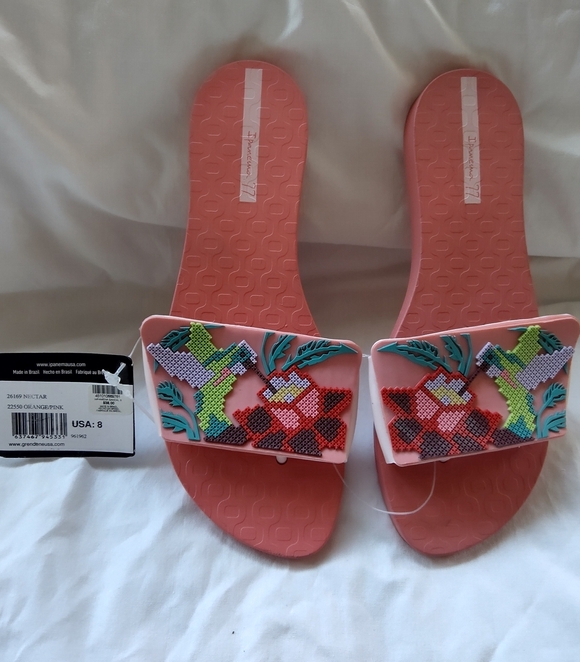 Ipanema Shoes - Ipanema 'Nectar' Coral Pool Slide with Floral & Hummingbird Faux Crosstitch